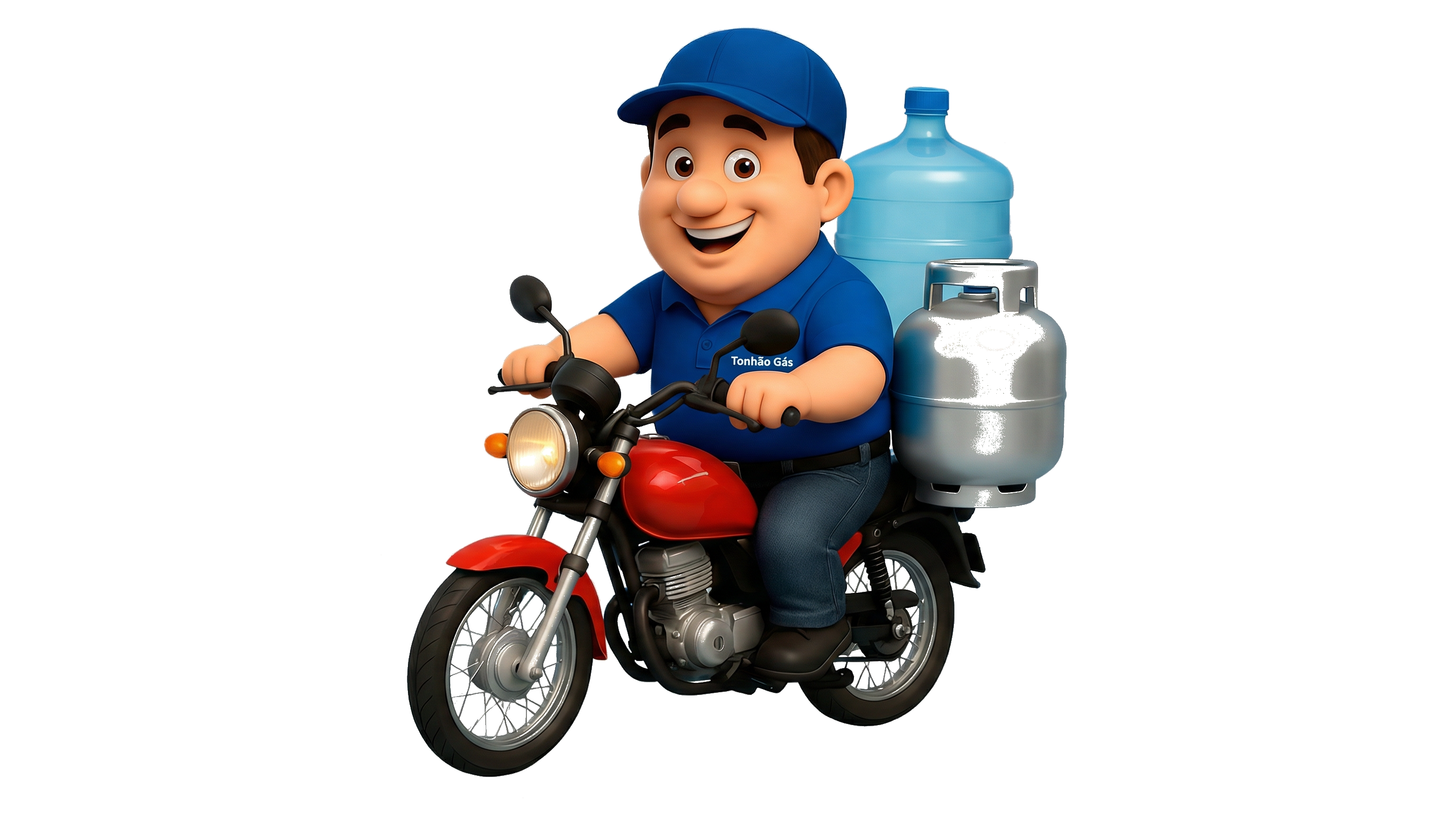 Mascote Tonhão Gás na moto de entrega com botijão e galão